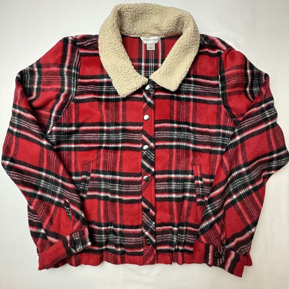 Christopher & Banks Red Plaid Sherpa Collar Jacket Women's Size L